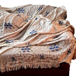 Vintage Chenille Bed Spread Cover King or Size 109 x 96  Blue Green Fringed